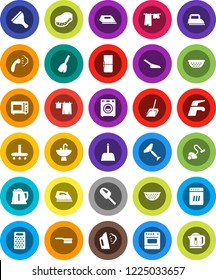 White Solid Icon Set- scraper vector, broom, water tap, vacuum cleaner, fetlock, scoop, sponge, iron, steaming, drying clothes, sink, kettle, colander, grater, microwave oven, washer, fridge