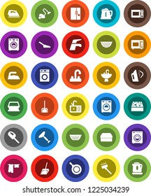 White Solid Icon Set- scraper vector, water tap, vacuum cleaner, scoop, sponge, iron, steaming, drying clothes, washer, sink, pan, kettle, colander, microwave oven, fridge
