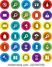 White Solid Icon Set- scraper vector, window cleaning, shining, oil, measuring cup, spices, jug, jar, magnifier, flask, no alcohol sign, cargo search, vial, sand clock, potion, cloud glass, estate
