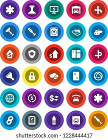 White Solid Icon Set- scraper vector, car fetlock, window cleaning, washer, blender, exchange, dollar growth, monitor, water bottle, route, internet, ambulance star, cloud lock, chain, pond, garage