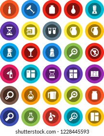 White Solid Icon Set- scraper vector, window cleaning, shining, oil, measuring cup, hand mill, jug, jar, flask, no alcohol sign, glass, cargo search, vial, magnifier, sand clock, potion, client