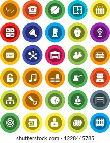 White Solid Icon Set- scraper vector, splotch, ladle, turk coffee, toaster, double boiler, plates, music, molecule, constellation, pie graph, target, client, shelving, group, hospital building, plan