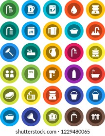 White Solid Icon Set- scraper vector, bucket, sponge, water drop, foam basin, shower, closet, sink, tap, kettle, measuring cup, double boiler, jug, bottle, pool, supply, bath, dishwasher, filter
