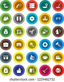 White Solid Icon Set- scraper vector, vacuum cleaner, rake, iron, steaming, student, money bag, case, horizontal bar, big scales, group, vial, scissors, data, gear, bench, construction crane