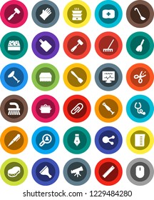 White Solid Icon Set- scraper vector, broom, fetlock, rake, sponge, rubber glove, pan, measuring cup, spatula, ladle, meat hammer, cutting board, pen, ruler, telescope, first aid kit, social media
