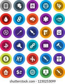 White Solid Icon Set- scraper vector, water drop, car fetlock, shining window, blender, exchange, dollar growth, medal, monitor, route, internet, ambulance star, chromosomes, cloud lock, chain, pond