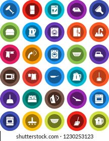 White Solid Icon Set- scraper vector, vacuum cleaner, scoop, sponge, steaming, drying clothes, washer, water tap, pan, kettle, colander, microwave oven, fridge, iron, dishwasher
