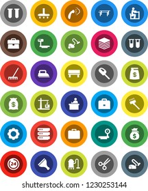 White Solid Icon Set- scraper vector, vacuum cleaner, rake, steaming, student, case, money bag, horizontal bar, big scales, vial, scissors, data, gear, bench, construction crane, 24 hour, iron