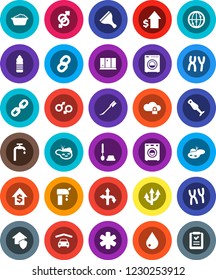 White Solid Icon Set- scraper vector, water drop, car fetlock, toilet brush, foam basin, shining window, blender, dollar growth, bottle, route, internet, ambulance star, gender sign, chromosomes