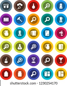 White Solid Icon Set- scraper vector, window cleaning, shining, oil, measuring cup, hand mill, jug, jar, magnifier, flask, glass, cargo search, vial, sand clock, potion, cloud, estate, blender