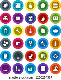 White Solid Icon Set- scraper vector, cleaner trolley, vacuum, mop, scoop, clothespin, towel, water tap, window cleaning, splotch, welcome mat, toilet, drying clothes, brush, washer, foam basin