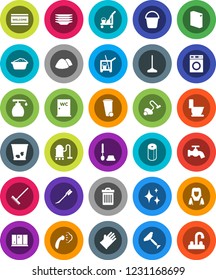 White Solid Icon Set- scraper vector, cleaner trolley, vacuum, mop, rake, bucket, trash bin, water tap, car fetlock, shining, welcome mat, steaming, toilet, brush, washer, foam basin, washing powder