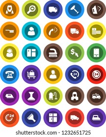 White Solid Icon Set- scraper vector, vacuum cleaner, fetlock, car, window cleaning, steaming, shining, woman, dollar cursor, phone 24, support, delivery, cargo search, mobile, hospital building