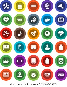 White Solid Icon Set- scraper vector, toilet paper, kettle, colander, jar, music, molecule, investment, safe, dollar calendar, barbell, heart pulse, stopwatch, shorts, shuttlecock, map pin, money