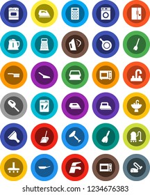 White Solid Icon Set- scraper vector, broom, water tap, vacuum cleaner, fetlock, scoop, sponge, iron, steaming, washer, sink, pan, kettle, grater, microwave oven, fridge, dishwasher