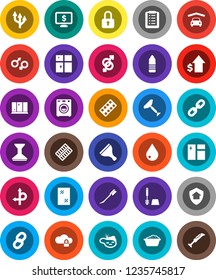 White Solid Icon Set- scraper vector, water drop, car fetlock, window cleaning, toilet brush, foam basin, shining, dollar growth, monitor, bottle, route, gender sign, pills blister, cloud lock, pond