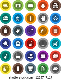 White Solid Icon Set- scraper vector, cleaner trolley, broom, fetlock, mop, scoop, sponge, trash bin, water drop, car, welcome mat, iron, steaming, bath, washer, sprayer, cleaning agent, washboard