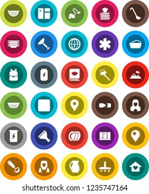White Solid Icon Set- scraper vector, vacuum cleaner, window cleaning, foam basin, plates, shining, woman, colander, ladle, cookbook, jug, backpack, enegry drink, internet, pause button, connection
