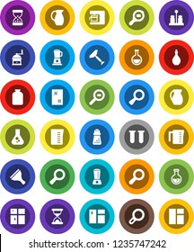 White Solid Icon Set- scraper vector, window cleaning, shining, oil, measuring cup, hand mill, spices, jug, jar, magnifier, flask, cargo search, vial, sand clock, coffee maker, blender