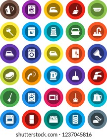 White Solid Icon Set- scraper vector, broom, water tap, vacuum cleaner, scoop, sponge, iron, steaming, washer, kettle, colander, grater, fridge, dishwasher, microwave oven