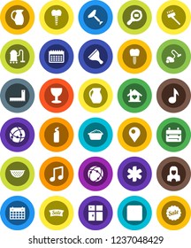 White Solid Icon Set- scraper vector, vacuum cleaner, foam basin, cleaning agent, shining window, woman, colander, jug, corner ruler, backpack, music, calendar, glass, cargo search, pause button