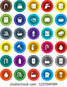 White Solid Icon Set- scraper vector, water tap, bucket, sponge, drop, bath, foam basin, sprayer, shower, closet, kettle, measuring cup, enegry drink, bottle, pool, pond, supply, dishwasher, filter