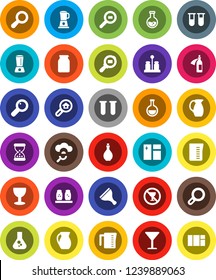 White Solid Icon Set- scraper vector, window cleaning, oil, measuring cup, spices, jug, jar, flask, no alcohol sign, glass, cargo search, vial, magnifier, sand clock, potion, cloud, estate, blender