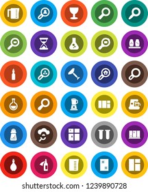 White Solid Icon Set- scraper vector, window cleaning, shining, oil, measuring cup, hand mill, spices, magnifier, flask, glass, cargo search, vial, sand clock, potion, cloud, estate, client, blender