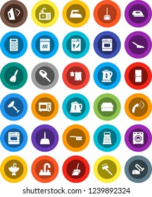 White Solid Icon Set- scraper vector, broom, vacuum cleaner, fetlock, scoop, sponge, iron, steaming, drying clothes, sink, water tap, kettle, grater, microwave oven, washer, fridge, dishwasher