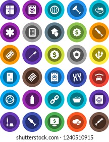 White Solid Icon Set- scraper vector, car fetlock, window cleaning, toilet brush, washer, foam basin, shining, blender, dollar medal, monitor, water bottle, internet, ambulance star, pills blister
