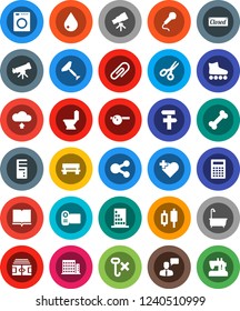 White Solid Icon Set- scraper vector, water drop, bath, toilet, book, telescope, calculator, scissors, japanese candle, stadium, roller Skates, heart cross, bone, no hook, speaking man, share, bench