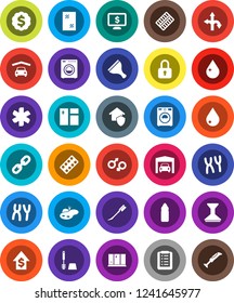 White Solid Icon Set- scraper vector, water drop, car fetlock, window cleaning, toilet brush, washer, shining, dollar growth, medal, monitor, bottle, route, ambulance star, gender sign, chromosomes