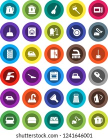 White Solid Icon Set- scraper vector, broom, water tap, vacuum cleaner, fetlock, scoop, sponge, iron, steaming, pan, kettle, grater, washer, fridge, microwave oven