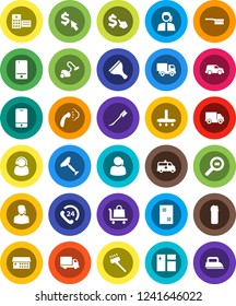 White Solid Icon Set- scraper vector, vacuum cleaner, fetlock, car, window cleaning, steaming, agent, dollar cursor, phone 24, support, delivery, cargo search, mobile, hospital building, amkbulance