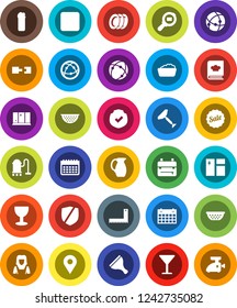 White Solid Icon Set- scraper vector, vacuum cleaner, window cleaning, foam basin, agent, plates, shining, woman, colander, cookbook, jug, corner ruler, backpack, calendar, glass, protected, pin