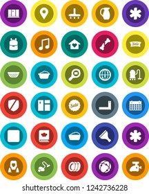 White Solid Icon Set- scraper vector, vacuum cleaner, window cleaning, foam basin, plates, shining, woman, colander, cookbook, jug, corner ruler, backpack, music, calendar, protected, cargo search