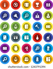 White Solid Icon Set- scraper vector, window cleaning, shining, oil, measuring cup, hand mill, spices, jug, flask, no alcohol sign, glass, cargo search, vial, magnifier, potion, estate, client