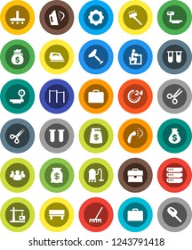 White Solid Icon Set- scraper vector, vacuum cleaner, rake, iron, steaming, student, case, money bag, horizontal bar, big scales, group, vial, scissors, data, gear, bench, construction crane