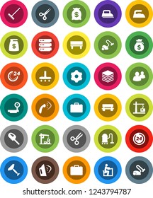 White Solid Icon Set- scraper vector, vacuum cleaner, rake, iron, steaming, student, case, money bag, big scales, group, scissors, data, gear, bench, construction crane, 24 hour