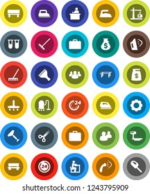 White Solid Icon Set- scraper vector, vacuum cleaner, rake, iron, steaming, student, case, money bag, horizontal bar, big scales, group, vial, scissors, gear, bench, construction crane, 24 hour
