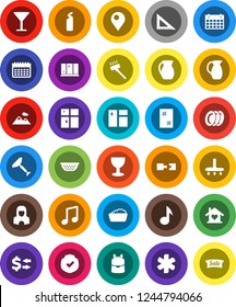 White Solid Icon Set- scraper vector, vacuum cleaner, window cleaning, foam basin, agent, plates, shining, woman, colander, jug, corner ruler, backpack, music, exchange, calendar, glass, protected