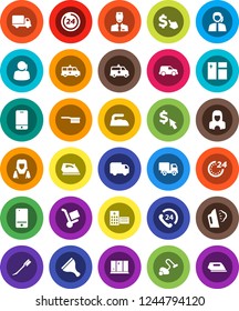 White Solid Icon Set- scraper vector, vacuum cleaner, fetlock, car, window cleaning, iron, steaming, shining, woman, dollar cursor, phone 24, support, delivery, mobile, hospital building, amkbulance
