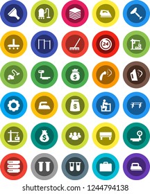 White Solid Icon Set- scraper vector, vacuum cleaner, rake, iron, steaming, student, case, money bag, horizontal bar, big scales, group, vial, data, gear, bench, construction crane, 24 hour