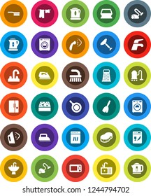 White Solid Icon Set- scraper vector, broom, water tap, vacuum cleaner, fetlock, sponge, iron, steaming, drying clothes, washer, sink, pan, kettle, grater, fridge, dishwasher, microwave oven