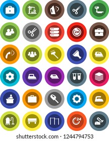 White Solid Icon Set- scraper vector, vacuum cleaner, iron, steaming, student, case, horizontal bar, big scales, group, vial, scissors, data, gear, bench, construction crane, 24 hour