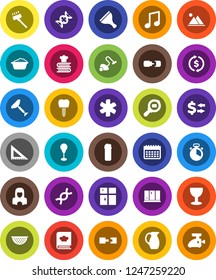White Solid Icon Set- scraper vector, vacuum cleaner, foam basin, cleaning agent, shining window, woman, colander, cook timer, cookbook, jug, corner ruler, music, exchange, punching bag, calendar