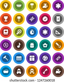 White Solid Icon Set- scraper vector, foam basin, shining window, cleaner woman, colander, cook timer, ladle, cookbook, corner ruler, backpack, music, exchange, enegry drink, calendar, glass, dna