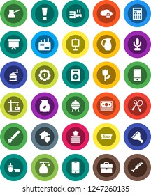 White Solid Icon Set- scraper vector, liquid soap, hand mill, turk coffee, cookbook, bbq, jug, cereal, pen, calculator, presentation, case, board, jump rope, medal, money, port, tulip, microphone