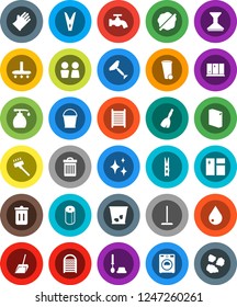 White Solid Icon Set- scraper vector, broom, vacuum cleaner, mop, scoop, bucket, clothespin, trash bin, water drop, tap, car fetlock, shining, window cleaning, splotch, toilet brush, washer, paper