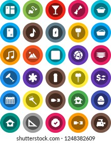 White Solid Icon Set- scraper vector, vacuum cleaner, window cleaning, foam basin, agent, plates, cook timer, corner ruler, music, exchange, enegry drink, calendar, glass, protected, pause button